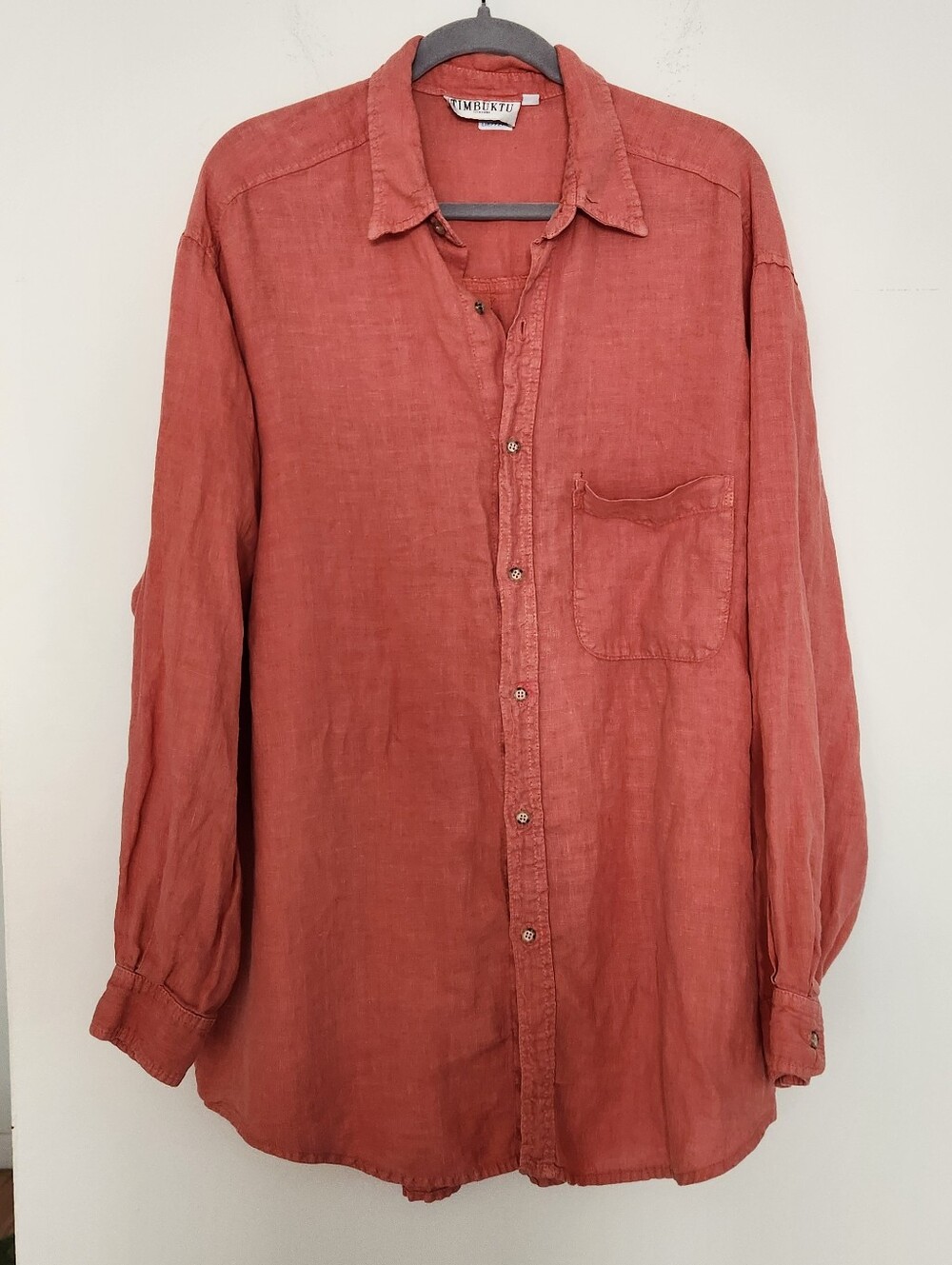 Timbuktu Station 100% Linen Shirt Size 3 Coral Long Sleeve Button Up Made USA
